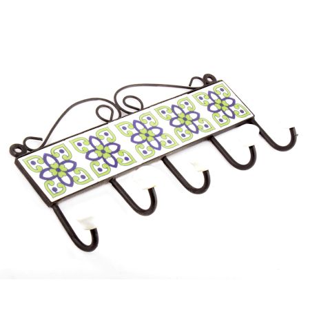 White And Navy Blue Floral Ceramic Tiles Hooks